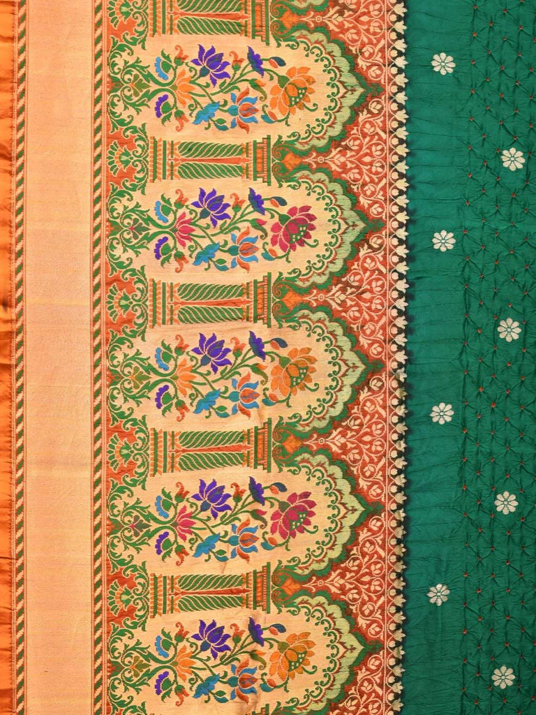 Dark Green Bandhani Paithani Silk Handloom Saree with One Side Border Design bn0144