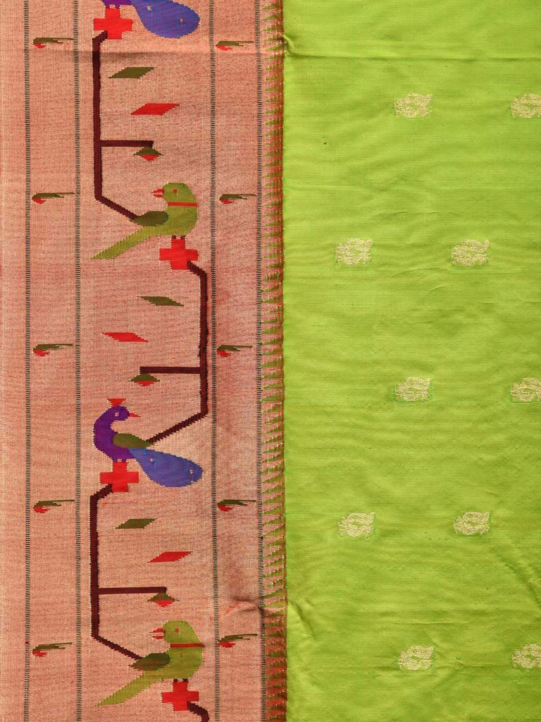 Light Green Paithani Silk Handloom Saree with Peacock-Parrot Border Design p0360