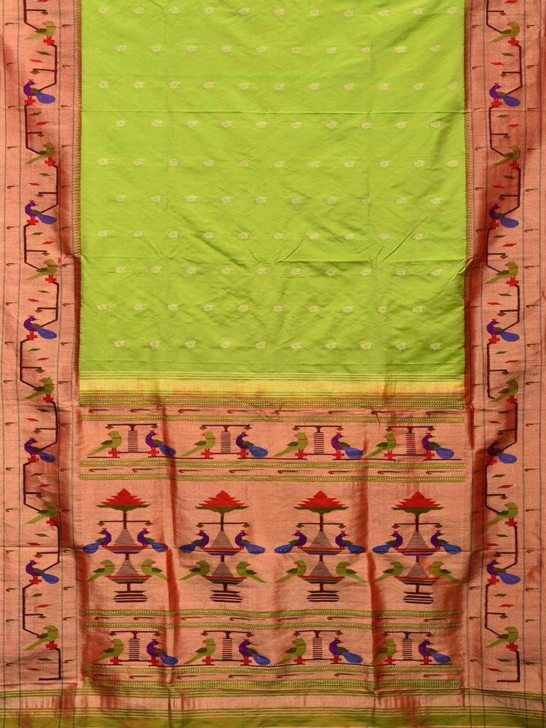 Light Green Paithani Silk Handloom Saree with Peacock-Parrot Border Design p0360