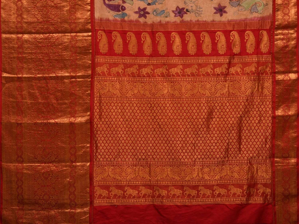 Light Yellow Kalamkari Hand Painted Kanchipuram Silk Handloom Saree with Dashavatar Design KL0564