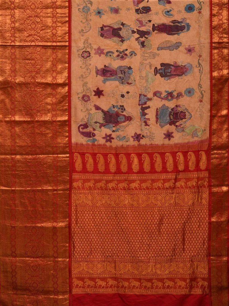 Light Yellow Kalamkari Hand Painted Kanchipuram Silk Handloom Saree with Dashavatar Design KL0564
