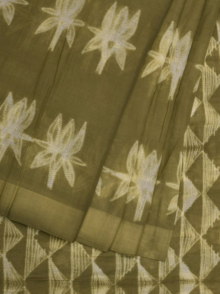 Olive Shibori Print Cotton Handloom Saree with Lotus Flowers Pattern o0326