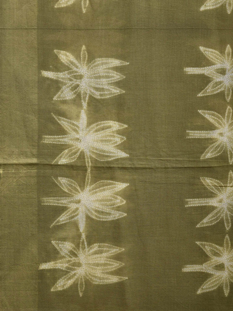 Olive Shibori Print Cotton Handloom Saree with Lotus Flowers Pattern o0326