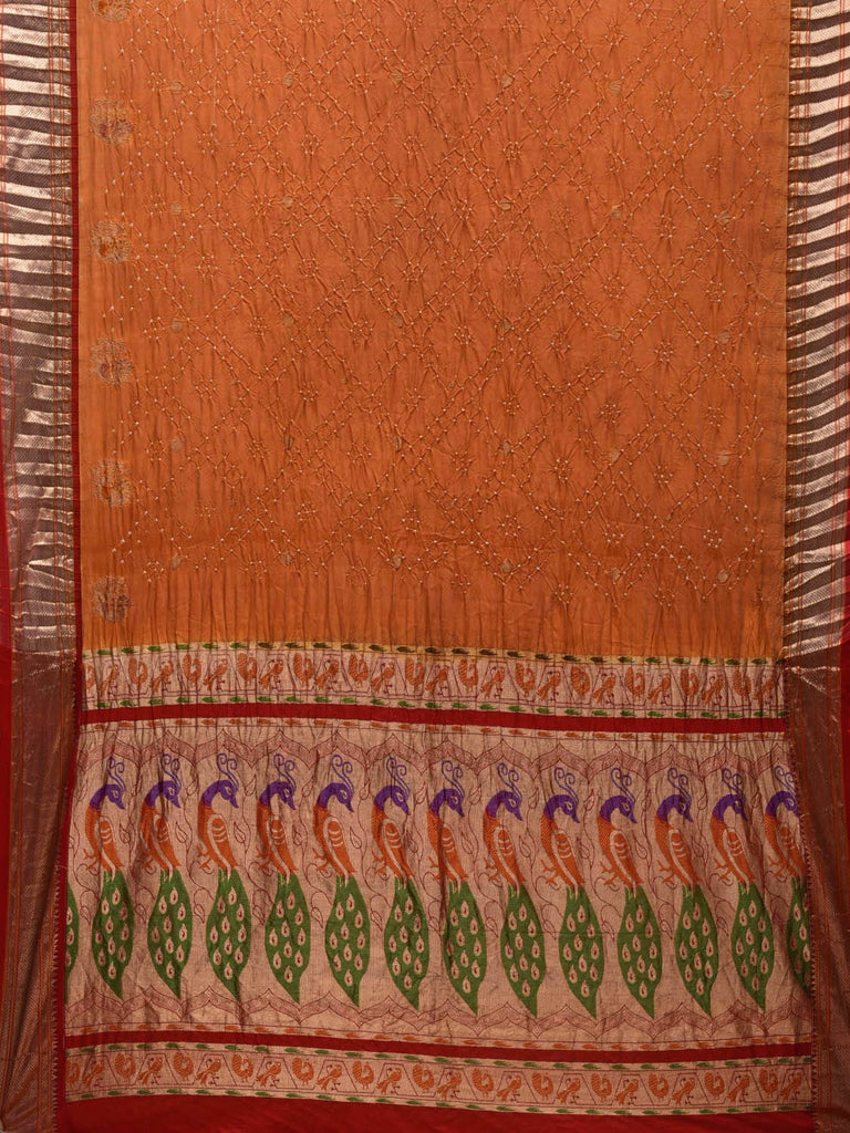 Orange Bandhani Paithani Silk Handloom Saree with Peacocks Pallu Design bn0375