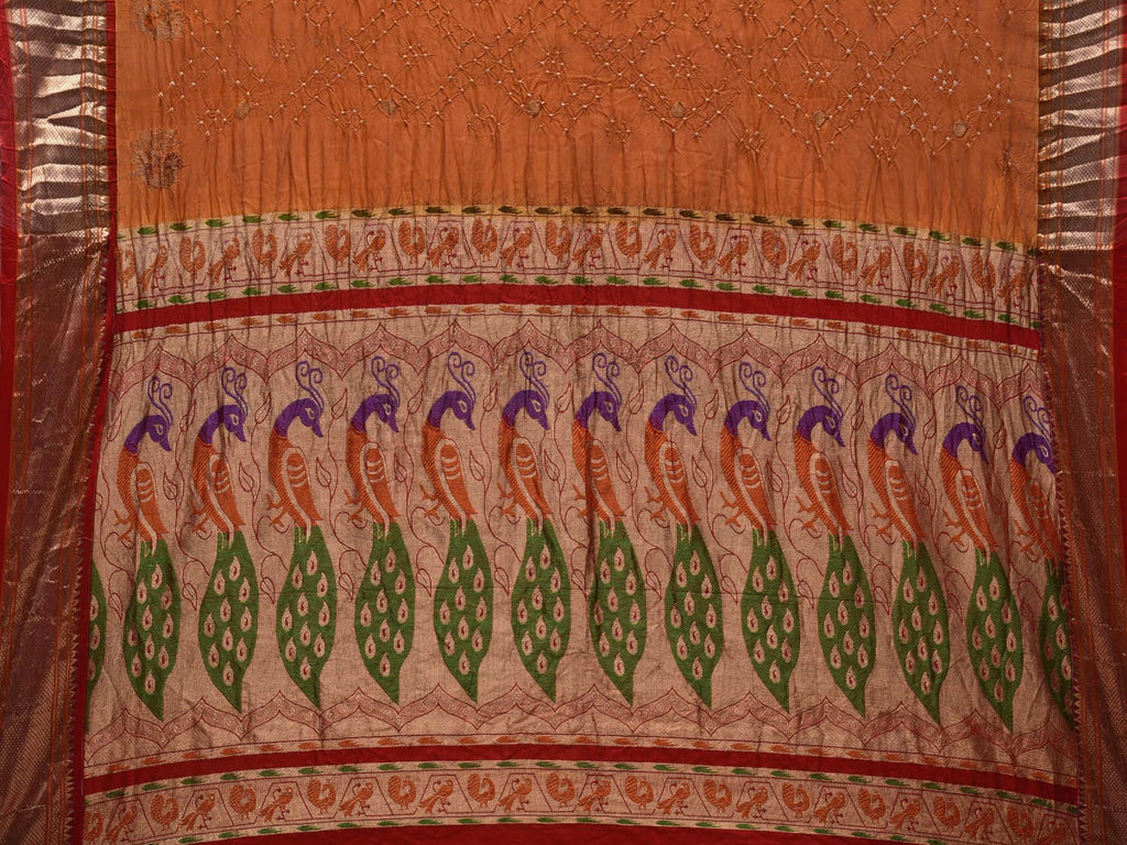 Orange Bandhani Paithani Silk Handloom Saree with Peacocks Pallu Design bn0375