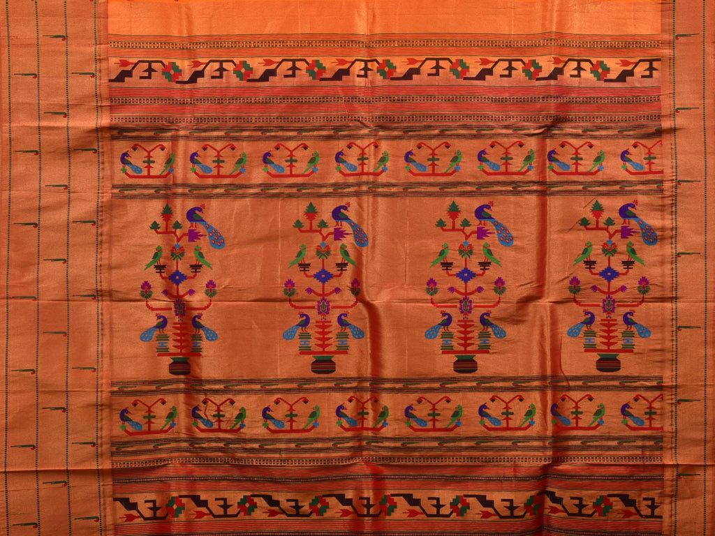 Orange Paithani Silk Handloom Saree with Triple Muniya Border Design p0442