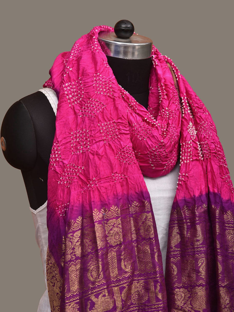 Pink and Purple Bandhani Kanchipuram Silk Handloom Dupatta with Border Design ds3112