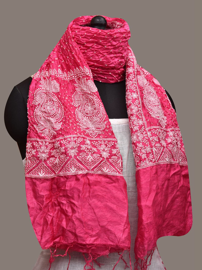 Pink Bandhani Silk Stole with Embroidary Work Design ds2860