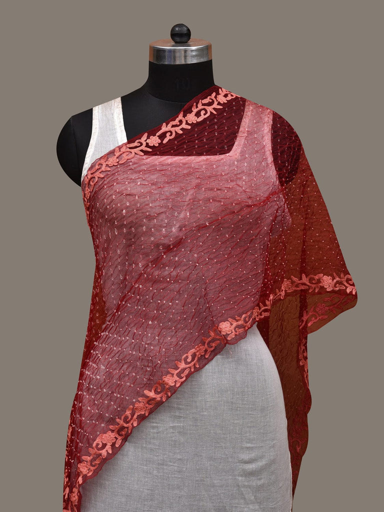 Red Bandhani Organza Stole with Embroidary Work Design ds2854