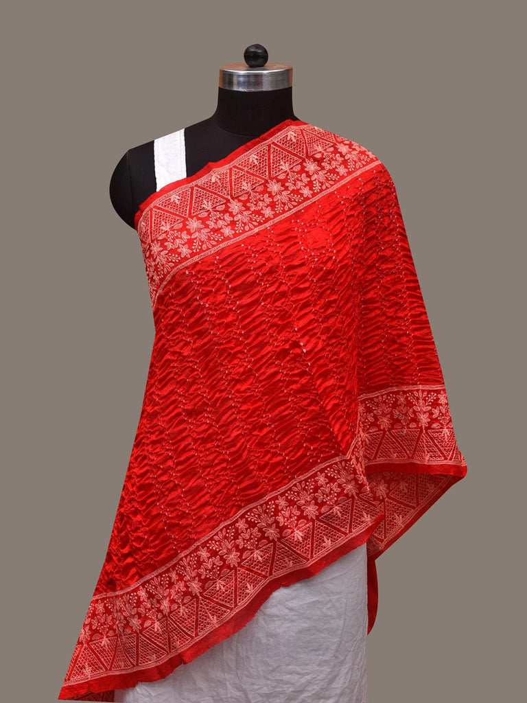 Red Bandhani Silk Stole with Embroidary Work Design ds3080
