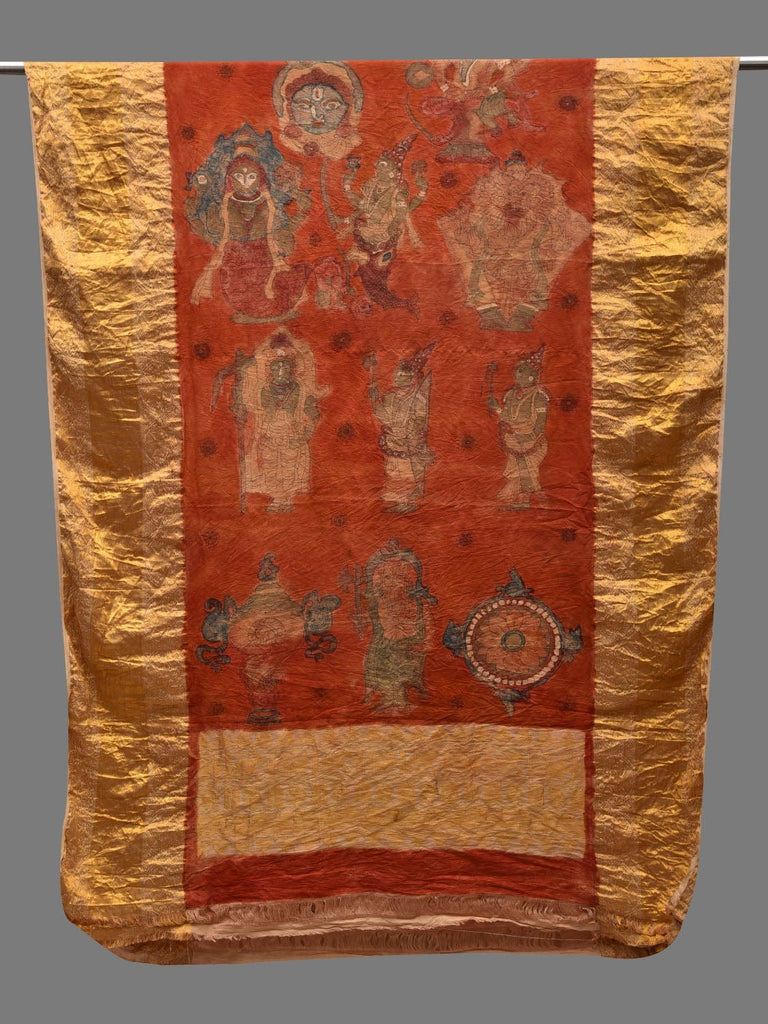 Red Kalamkari Hand Painted Kanchipuram Silk Handloom Dupatta with Dashavatar Design ds2616