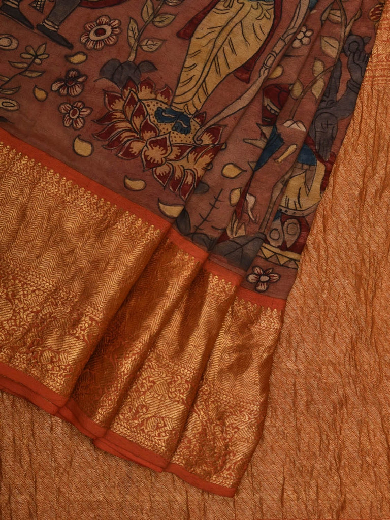Rust Kalamkari Hand Painted Kanchipuram Silk Handloom Saree with Dashavatar Design Kl0654
