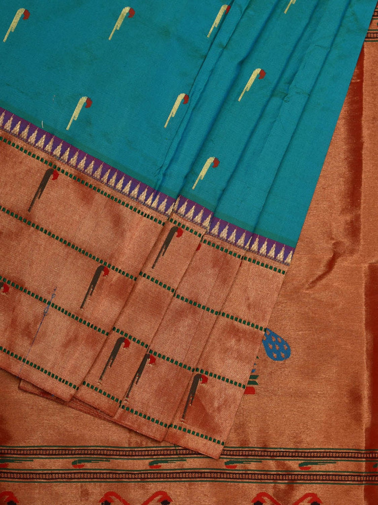 Sea Blue Paithani Silk Handloom Saree with Triple Muniya Border Design p0443