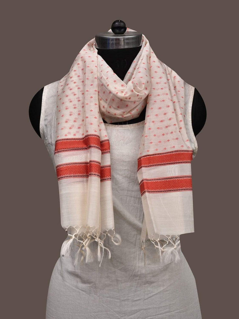White and Red Banaras Cotton Silk Handloom Stole with Thread Border Design ds2370