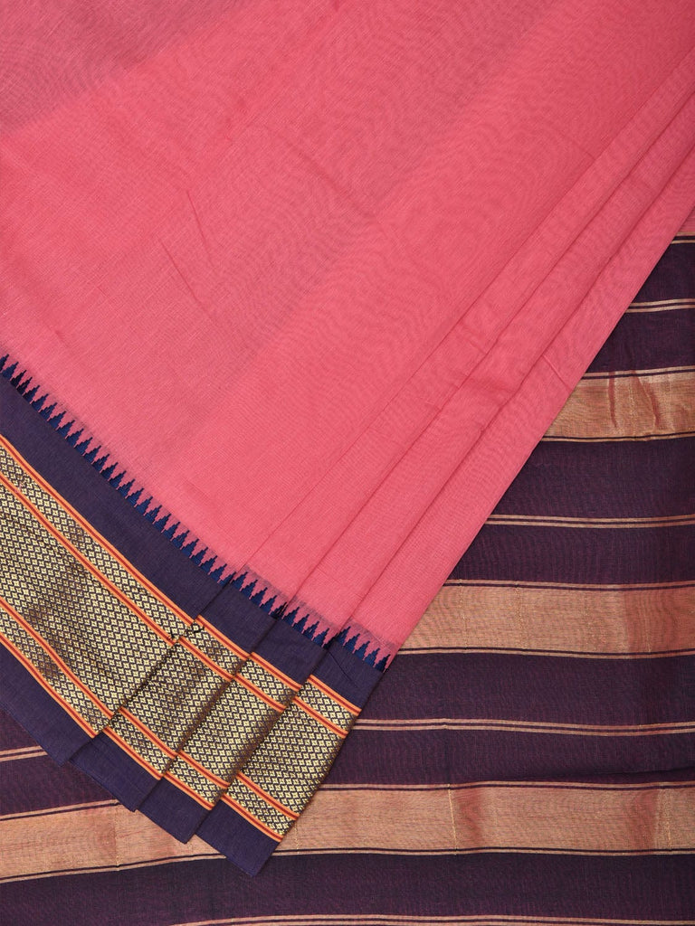 Baby Pink and Dark Blue Bamboo Cotton Plain Saree with Zari Border Design bc0099