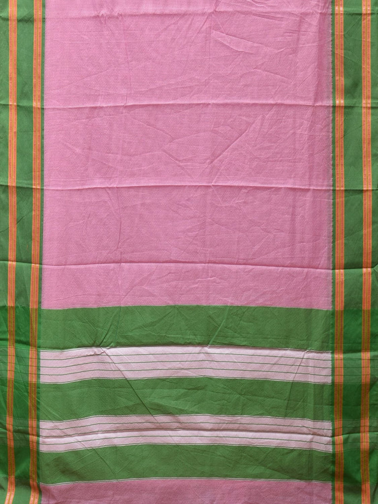 Baby Pink and Green Bamboo Cotton Saree with Small Checks Design No Blouse bc0264