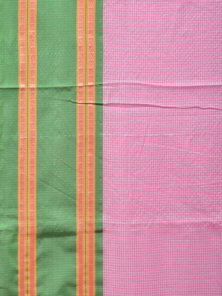 Baby Pink and Green Bamboo Cotton Saree with Small Checks Design No Blouse bc0264