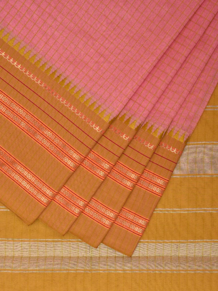 Baby Pink and Green Bamboo Cotton Viscose Silk Saree with Checks Design No Blouse bc0370