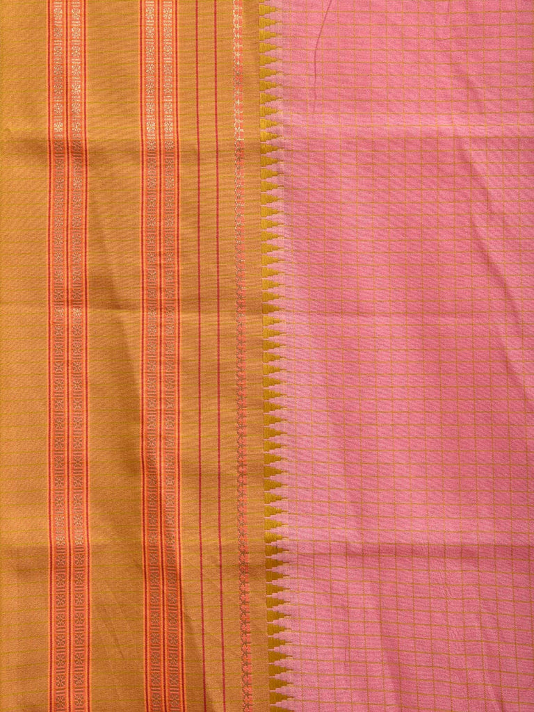 Baby Pink and Green Bamboo Cotton Viscose Silk Saree with Checks Design No Blouse bc0370