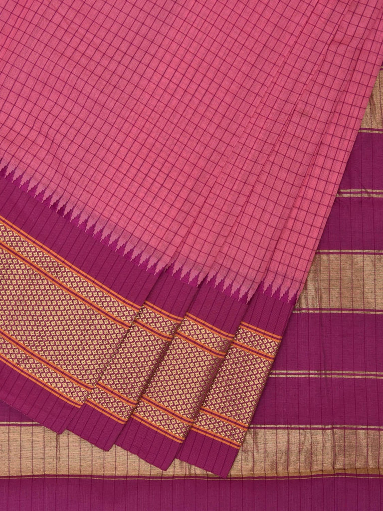 Baby Pink Bamboo Cotton Saree with Checks and Strips Pallu Design No Blouse bc0277