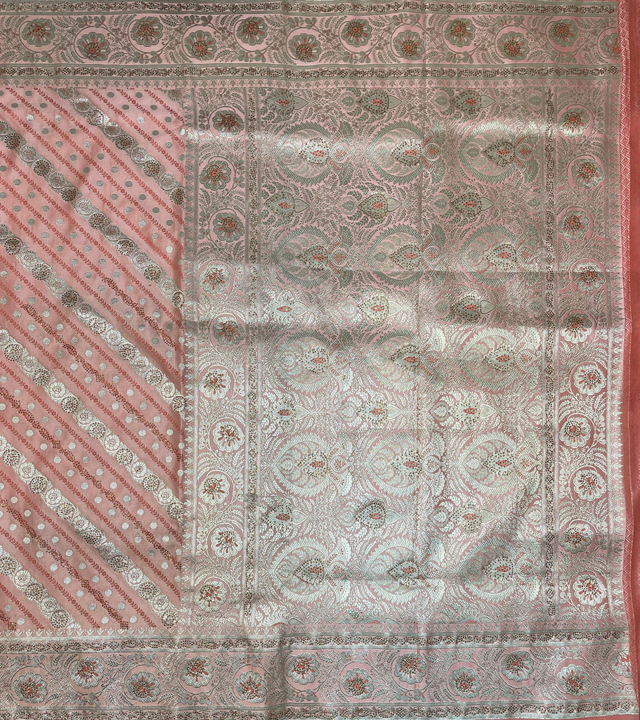 Baby Pink Katan Banarasi Saree with Silver Zari Floral Weaving And Grand Pallu B0630ds