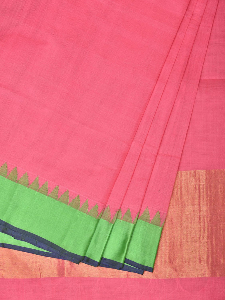 Baby Pink Khadi Cotton Handloom Plain Saree with Temple Border Design kh0626