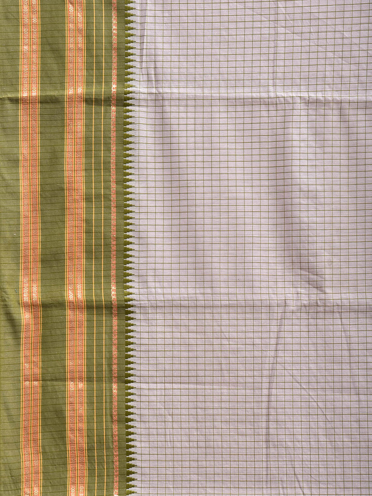 Beige and Green Bamboo Cotton Viscose Silk Saree with Checks Design No Blouse bc0834