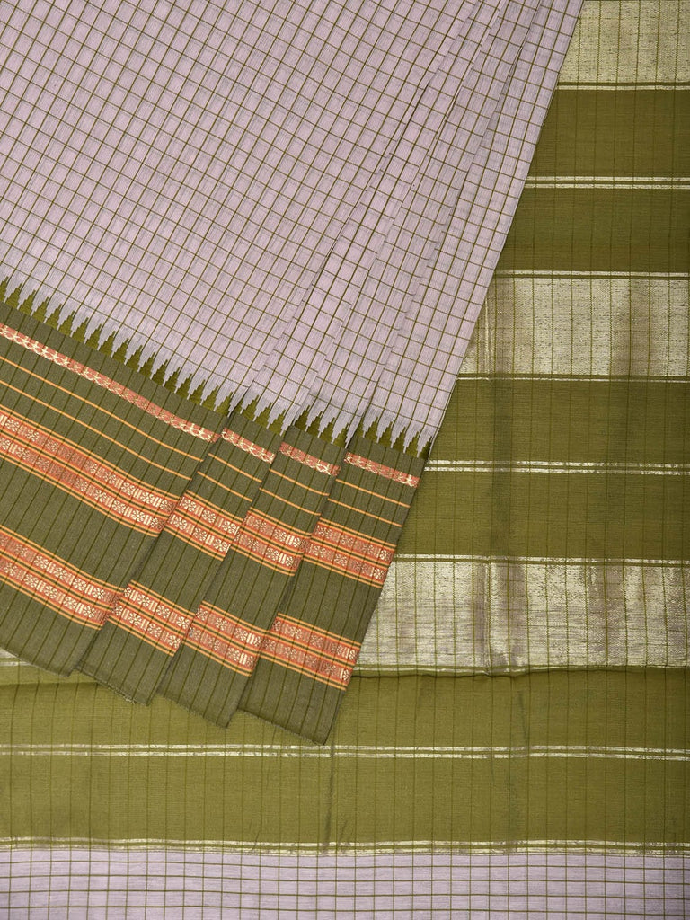 Beige and Green Bamboo Cotton Viscose Silk Saree with Checks Design No Blouse bc0834