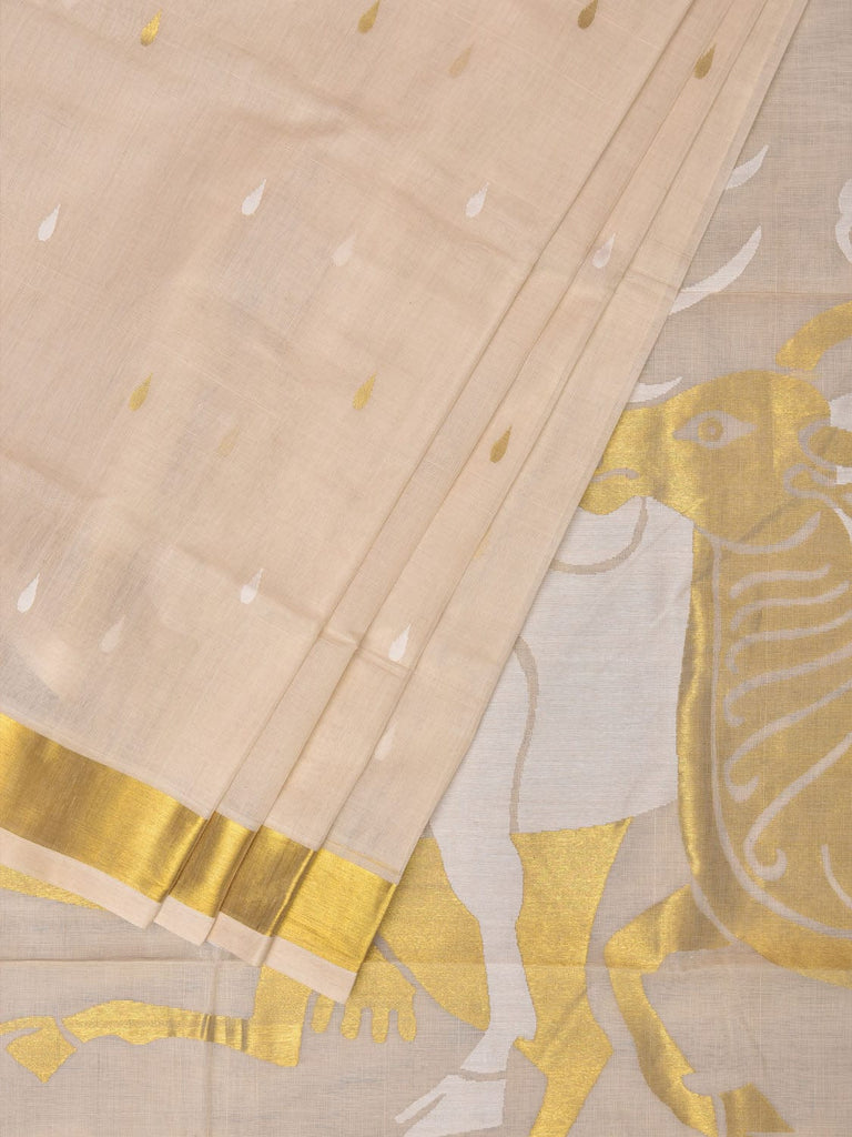 Beige Khadi Cotton Handloom Saree Saree with Bulls Design kh0605