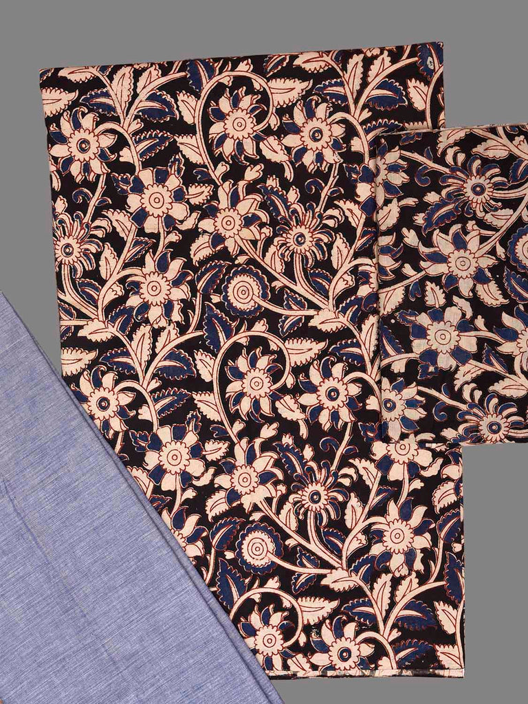 Black and Blue Kalamkari Block Print Cotton Dress Material with Top Bottom and Dupatta dm0094