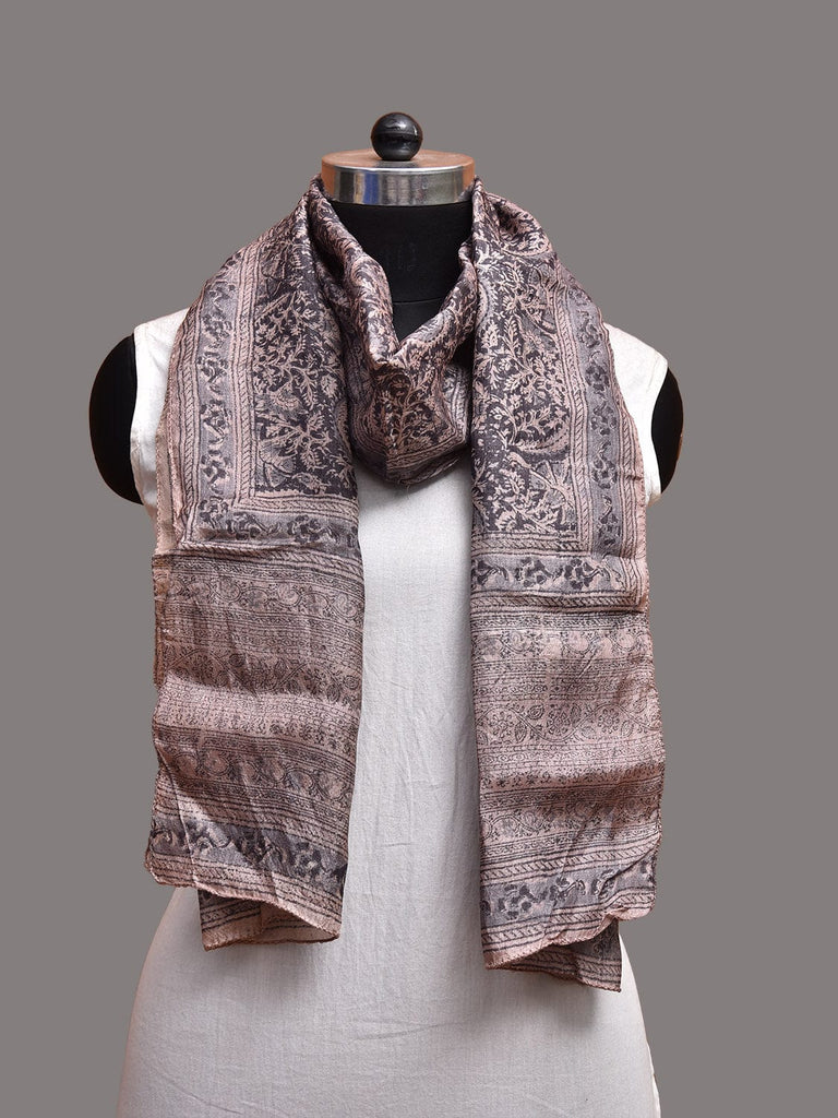 Black and Cream Kalamkari Block Print Tussar Stole with Floral Design ds3741