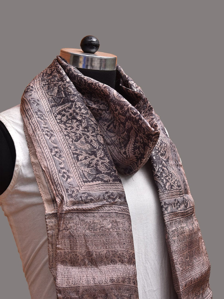 Black and Cream Kalamkari Block Print Tussar Stole with Floral Design ds3741