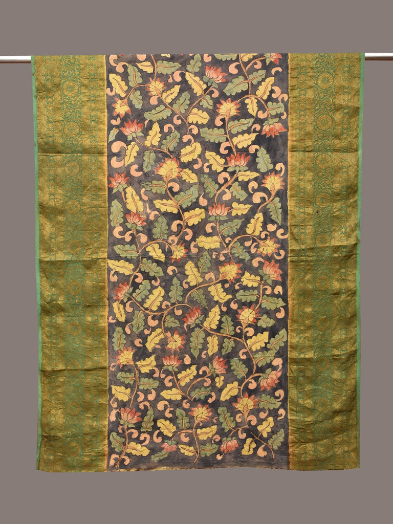 Black and Green Kalamkari Hand Painted Kanchipuram Silk Dupatta with Floral Design ds3353