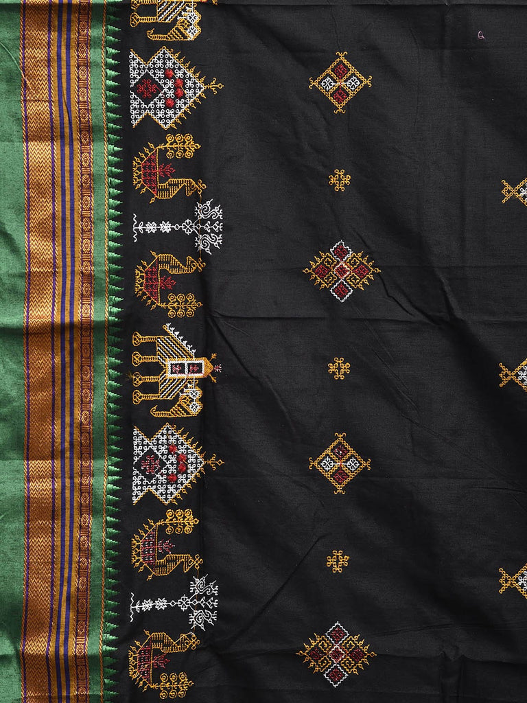 Black and Green Kasuti Work On ilkal Cotton Viscose Saree with Contrast Pallu Design No Blouse ku0004
