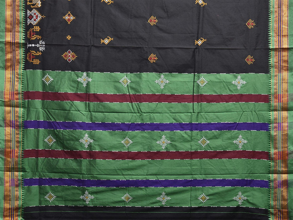 Black and Green Kasuti Work On ilkal Cotton Viscose Saree with Contrast Pallu Design No Blouse ku0004