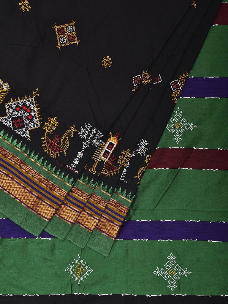 Black and Green Kasuti Work On ilkal Cotton Viscose Saree with Contrast Pallu Design No Blouse ku0004