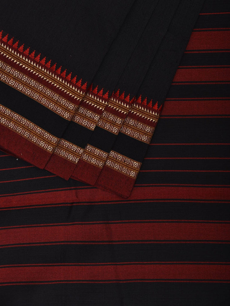 Black and Red Bamboo Cotton Plain Saree with Strips Pallu Design No Blouse bc0841