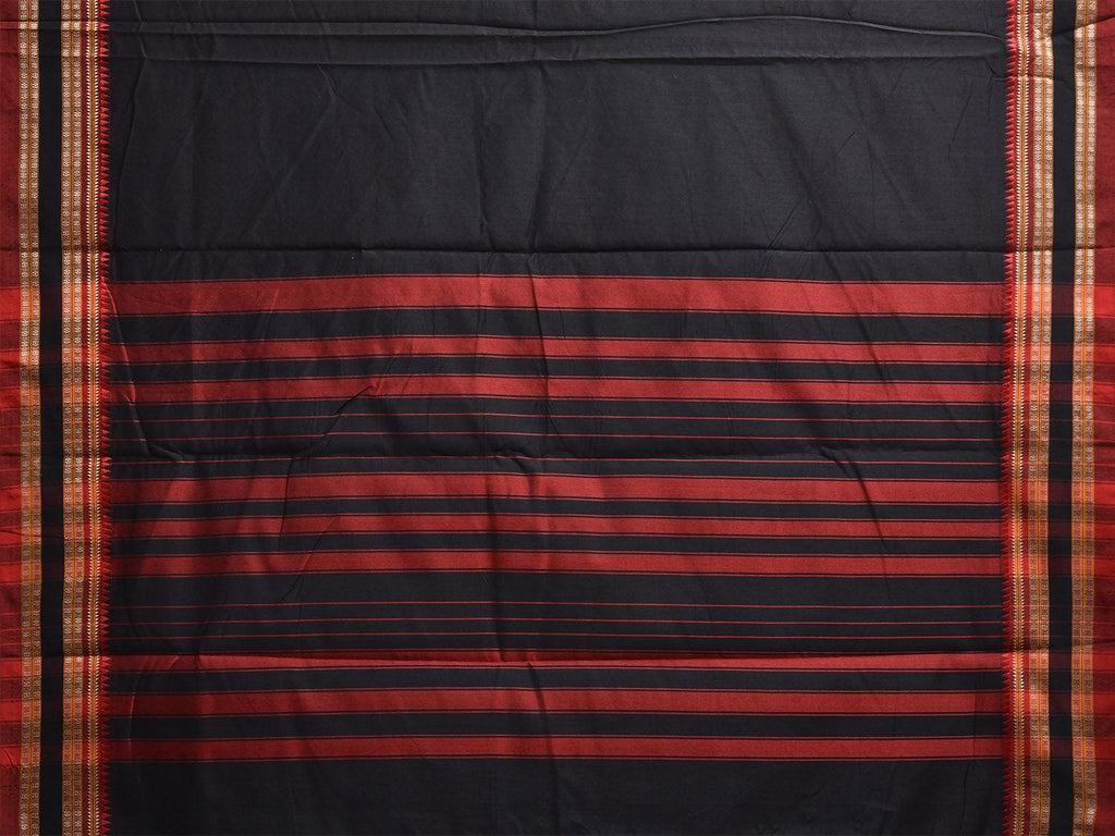 Black and Red Bamboo Cotton Plain Saree with Strips Pallu Design No Blouse bc0841