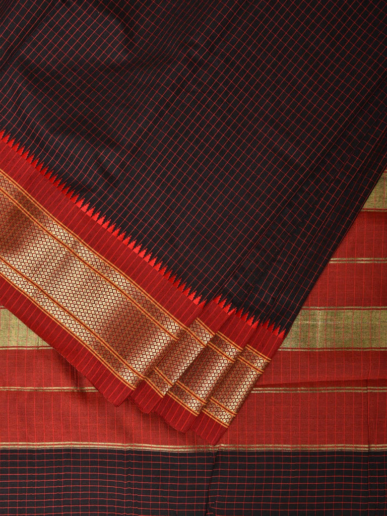 Black and Red Bamboo Cotton Saree with Checks Design No Blouse bc0158