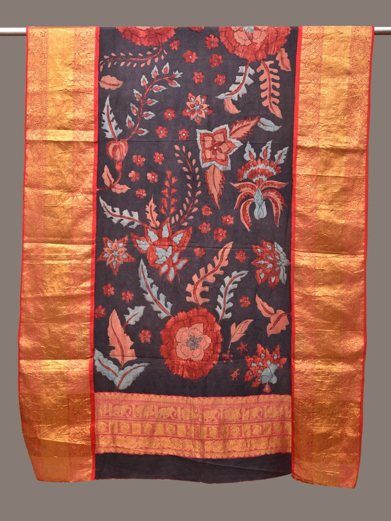 Black and Red Kalamkari Hand Painted Kancipuram Silk Handloom Dupatta with Floral Design ds3319