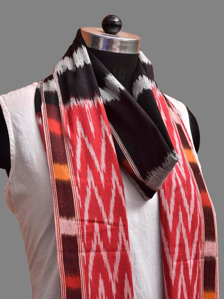 Black and Red Pochampally Ikat Cotton Handloom Dupatta with Strips and Zig-Zag Design ds3911