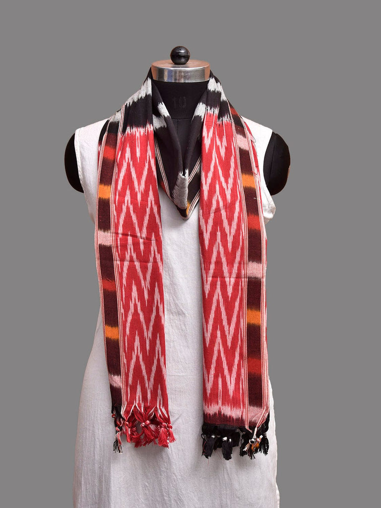 Black and Red Pochampally Ikat Cotton Handloom Dupatta with Strips and Zig-Zag Design ds3911