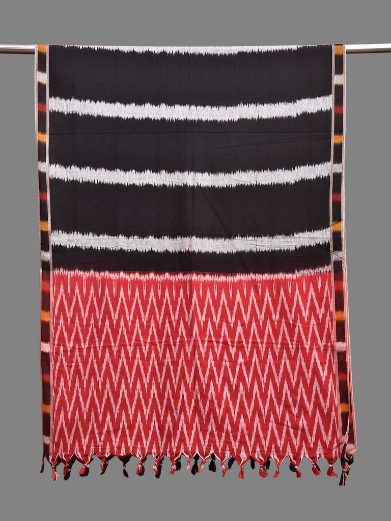 Black and Red Pochampally Ikat Cotton Handloom Dupatta with Strips and Zig-Zag Design ds3911