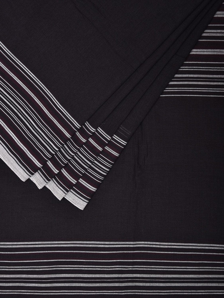 Black and White Organic Cotton Plain Saree with Strips Pallu Design o0567