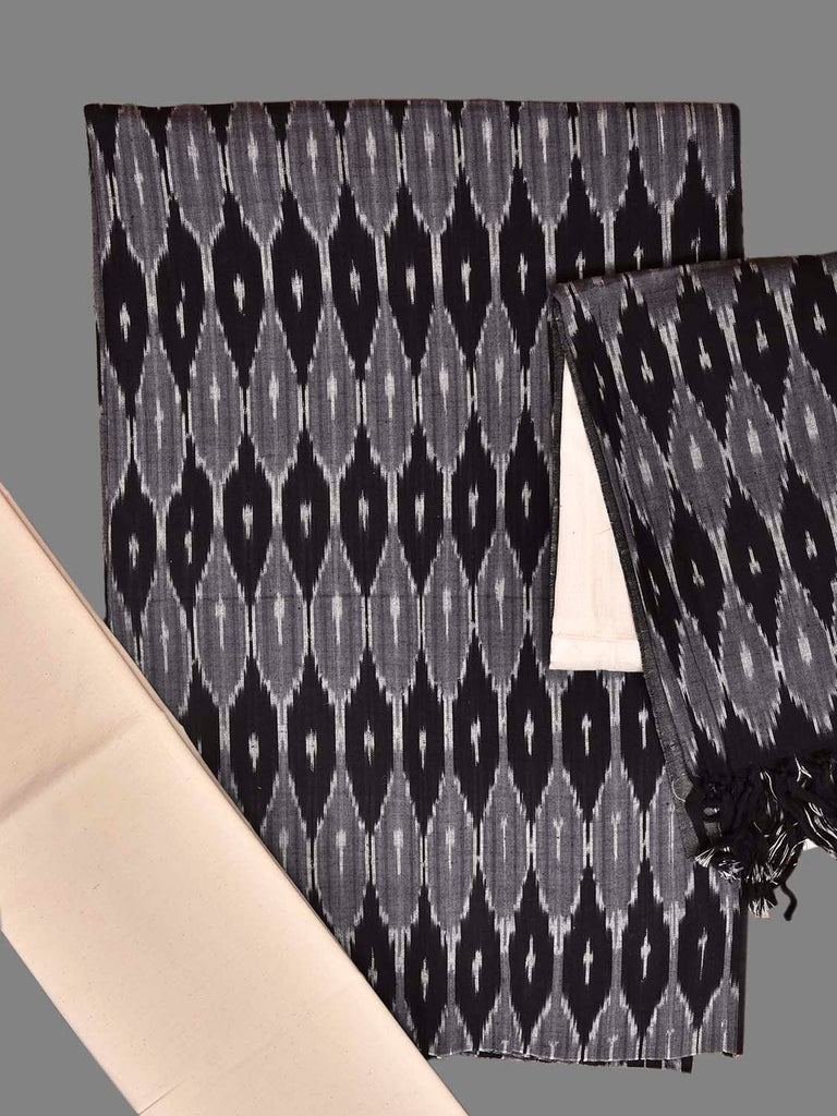 Black and White Pochampally Ikat Cotton Handloom Dress Material with Grill Design Top Plain Dupatta and Bottom dm0087