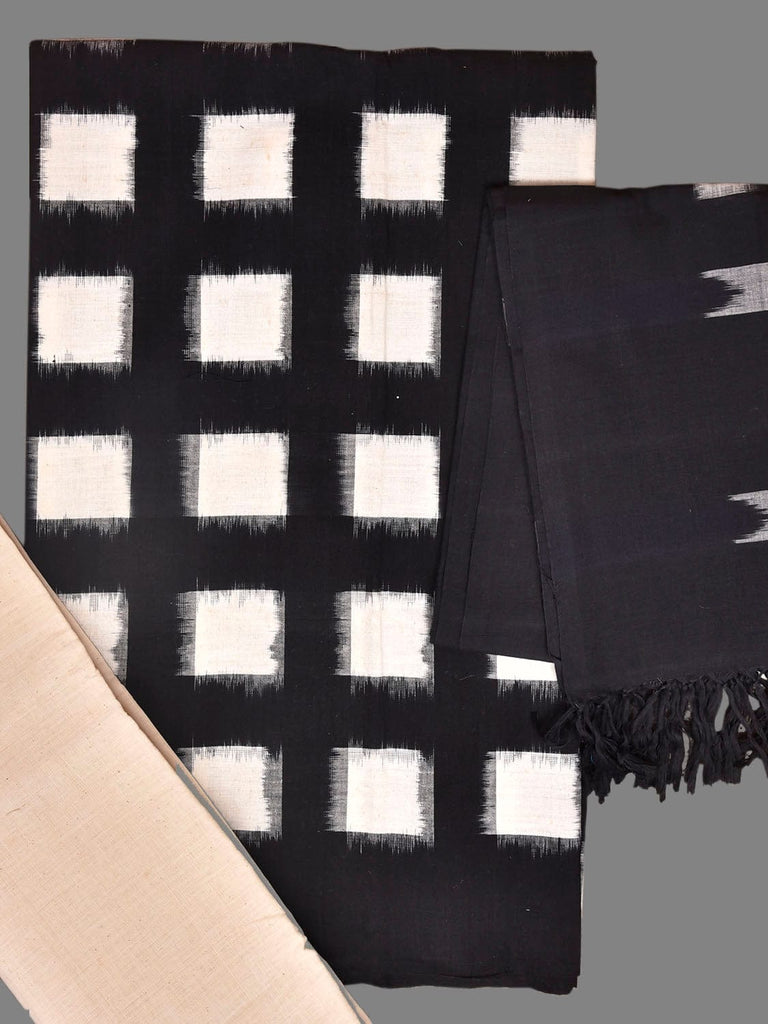 Black and White Pochampally Ikat Cotton Handloom Dress Material with Top Bottom and Dupatta 2.5mt Length dm0090