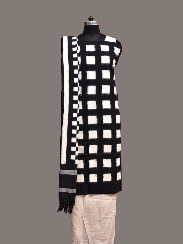 Black and White Pochampally Ikat Cotton Handloom Dress Material with Top Khadi Bottom and Dupatta dm0105