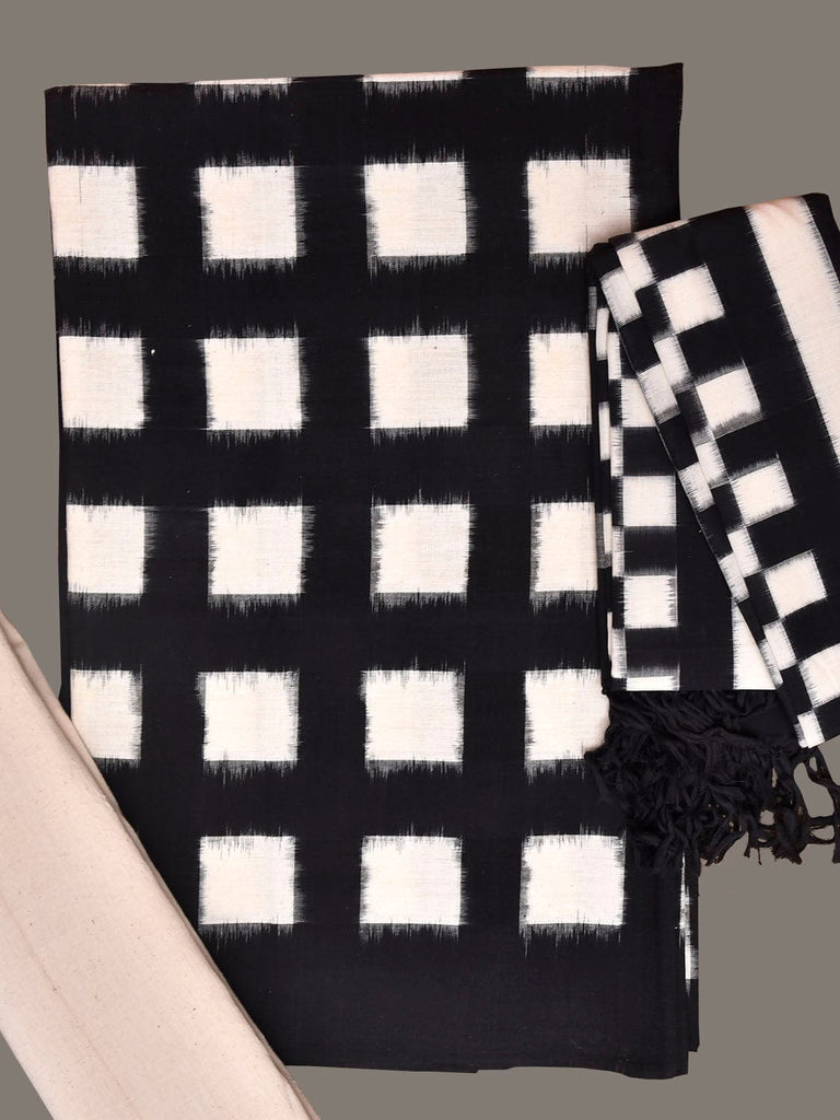 Black and White Pochampally Ikat Cotton Handloom Dress Material with Top Khadi Bottom and Dupatta dm0105
