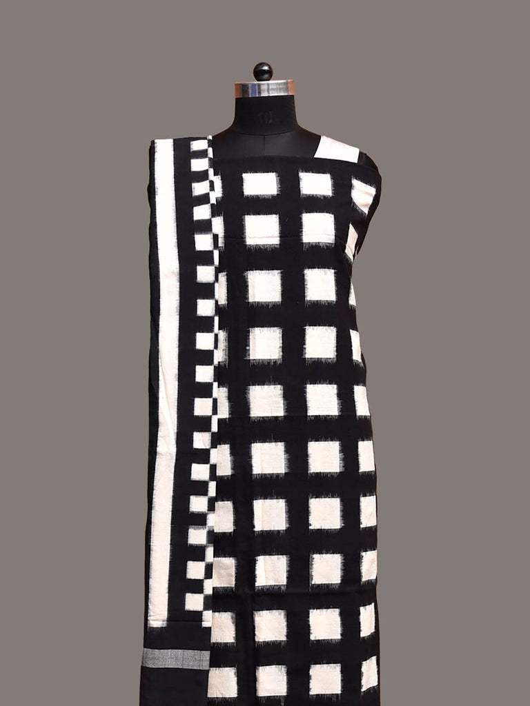 Black and White Pochampally Ikat Cotton Handloom Dress Material with Top Khadi Bottom and Dupatta dm0105
