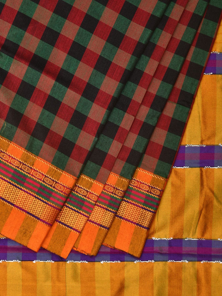 Black and Yellow ilkal Cotton Saree with Checks Design No Blouse o0450